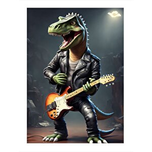 Elektro Gitar Çalan Dinozor Dekoratif Ahşap Tablo 35cm X50cm 35x50 cm