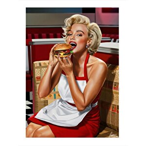 Marilyn Monroe Hamburger Yiyor Dekoratif Ahşap Tablo 50cmx 70cm 50x70 cm