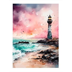 Pembe Gökyüzü Ve Deniz Feneri Dekoratif Ahşap Tablo 35cm X50cm 35x50 cm