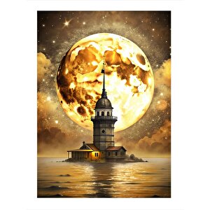 Dolunay Ve İstanbul Kız Kulesi Model Ahşap Tablo 35cm X50cm 35x50 cm