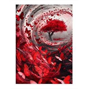Kırmızı Ağaç Ve Kırmızı Kelebekler Mdf Poster 35cm X50cm 35x50 cm