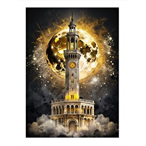 Dolunay Ve İzmir Saat Kulesi Dekoratif Ahşap Tablo 35cm X50cm 35x50 cm