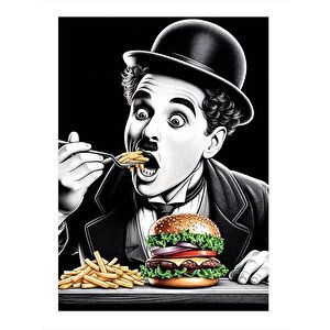 Hamburger Yiyen Charlie Chaplin Dekoratif Ahşap Tablo 25cmx 35cm 25x35 cm