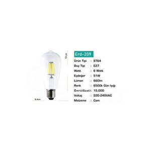 3 Adet Led Rustik Ampul Şeffaf 6 W Beyaz Işık 6500k