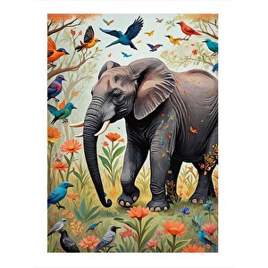Renkli Kuşlar Ve Fil Mdf Tablo 35cm X50cm 35x50 cm