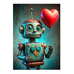 Kalpli Balon Tutan Sevimli Robot Model Ahşap Tablo 35cm X50cm 35x50 cm
