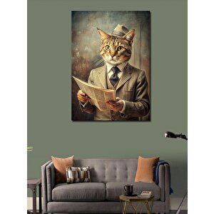 Kanvas Tablo Gazete Okuyan Fötr Şapkalı Kedi 100x140 cm