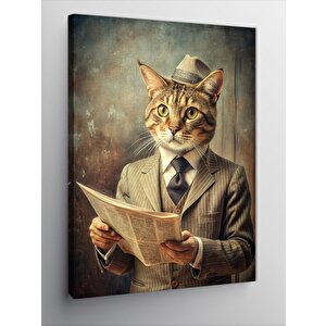 Kanvas Tablo Gazete Okuyan Fötr Şapkalı Kedi