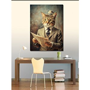 Kanvas Tablo Gazete Okuyan Fötr Şapkalı Kedi