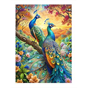 Renkli Tavus Kuşları Dekoratif Ahşap Tablo 25cmx 35cm