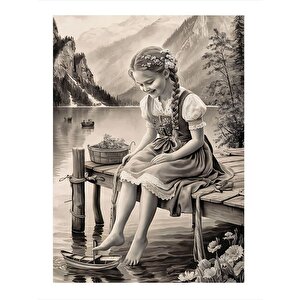 İskelede Oturan Küçük Kız Desenli Mdf Tablo 25cmx 35cm 25x35 cm
