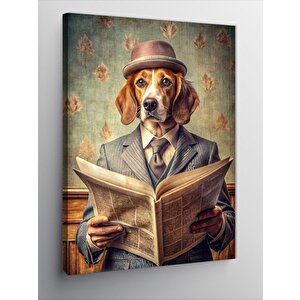 Kanvas Tablo Fötr Şapkalı Gazete Okuyan Köpek