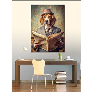 Kanvas Tablo Fötr Şapkalı Gazete Okuyan Köpek