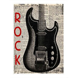 Gazete Fon Elektro Gitar Desenli Ahşap Tablo 25cmx 35cm 25x35 cm