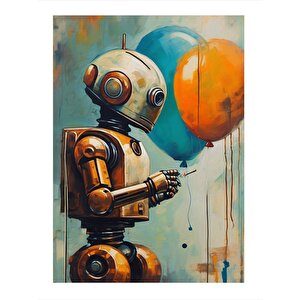 Uçan Balonlar Ve Robot Modern Ahşap Tablo 35cm X50cm 35x50 cm