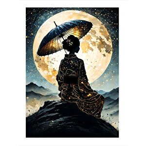 Dolunay Ve Şemsiyeli Japon Kadın Mdf Tablo 25cmx 35cm 25x35 cm