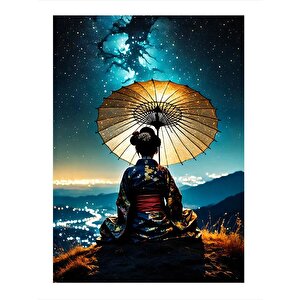 Japon Şemsiyeli Kadın Model Ahşap Tablo 35cm X50cm 35x50 cm