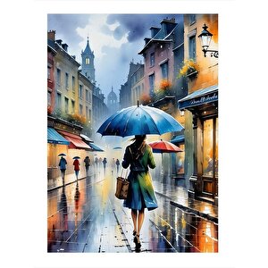 Mavi Şemsiyeli Kadın Art Mdf Tablo 35cm X50cm 35x50 cm