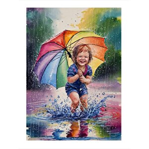 Şemsiye Tutan Sevimli Çocuk Art Mdf Poster 35cm X50cm 35x50 cm
