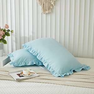 Maki Home Yüzde Yüz Pamuklu Açık Mavi Fırfırlı İki Adet 50x70 Yastık Kılıfı Seti
