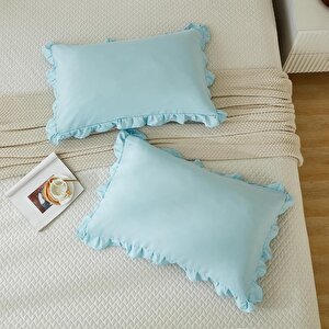 Maki Home Yüzde Yüz Pamuklu Açık Mavi Fırfırlı İki Adet 50x70 Yastık Kılıfı Seti