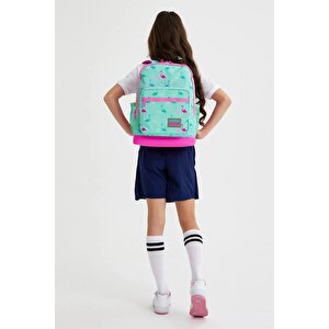 Kids Su Yeşili Neon Pembe Flamingo Desenli Dört Bölmeli Okul Sırt Çantası 23111