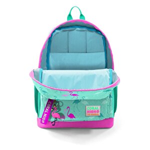 Kids Su Yeşili Neon Pembe Flamingo Desenli Dört Bölmeli Okul Sırt Çantası 23111