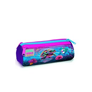 Kids Pembe Mor Kaplumbağa Desenli Üç Bölmeli Kalem Çantası 22056
