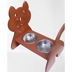 Hobi Erc 90373 Model Kedi Mama Ve Su Kabı Seti Mdf Ceviz Renk Paslanmaz Tabak