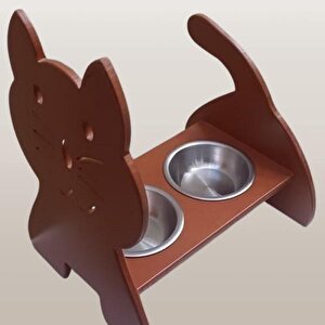 Hobi Erc 90373 Model Kedi Mama Ve Su Kabı Seti Mdf Ceviz Renk Paslanmaz Tabak