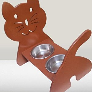 Hobi Erc 90373 Model Kedi Mama Ve Su Kabı Seti Mdf Ceviz Renk Paslanmaz Tabak