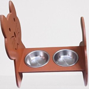 Hobi Erc 90373 Model Kedi Mama Ve Su Kabı Seti Mdf Ceviz Renk Paslanmaz Tabak