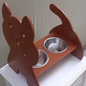 Hobi Erc 90373 Model Kedi Mama Ve Su Kabı Seti Mdf Ceviz Renk Paslanmaz Tabak