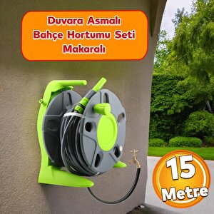 Makaralı Hortum Seti Duvar Monteli Bahçe Çeşme Su Hortumu 1/2 Sulama Araç Yıkama 15 Metre Tambur