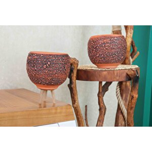 Ahşap Ayakli Ve Ayaksiz Püskürtme Model Terracota Toprak Saksi İki̇li̇ Set