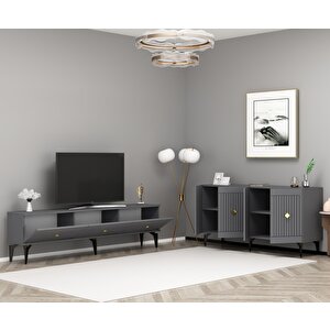 Midas 180 Cm Tv Sehpası (alt Modül) Ve 4 Kapaklı Konsol 2'li Salon Takımı Antrasit-Altın Antrasit Gold