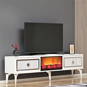 Flame Şömineli Tv Sehpası (alt Modül) Beyaz-Gümüş