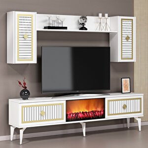 Flame Şömineli Tv Ünitesi Takımı Beyaz-Altın Beyaz-Altın