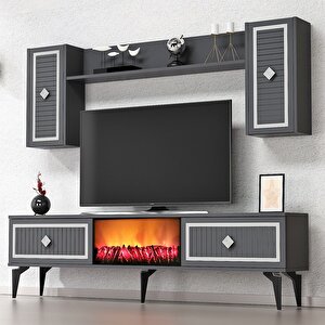 Flame Şömineli Tv Ünitesi Takımı Antrasit-Gümüş Antrasit Gümüş