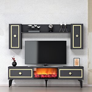 Flame Şömineli Tv Ünitesi Takımı Antrasit-Altın Antrasit Gold