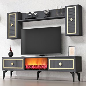 Flame Şömineli Tv Ünitesi Takımı Antrasit-Altın Antrasit Gold