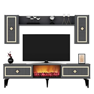Flame Şömineli Tv Ünitesi Takımı Antrasit-Altın