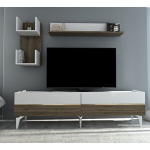 Tedy Tv Ünitesi,konsol Ve Orta Sehpa 3'lü Salon Takımı Beyaz-Ceviz-Altın