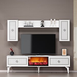 Flame Şömineli Tv Ünitesi Takımı Beyaz-Gümüş Beyaz-Gümüş
