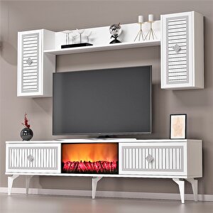 Flame Şömineli Tv Ünitesi Takımı Beyaz-Gümüş Beyaz-Gümüş