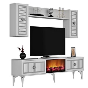 Flame Şömineli Tv Ünitesi Takımı Beyaz-Gümüş
