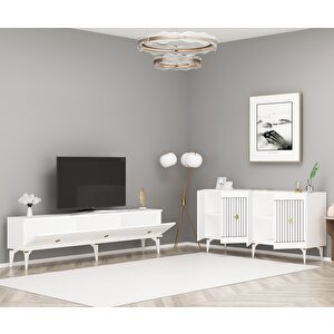Midas 180 Cm Tv Sehpası (alt Modül) Ve 4 Kapaklı Konsol 2'li Salon Takımı Beyaz-Altın