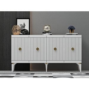 Midas 180 Cm Tv Sehpası (alt Modül) Ve 4 Kapaklı Konsol 2'li Salon Takımı Beyaz-Altın