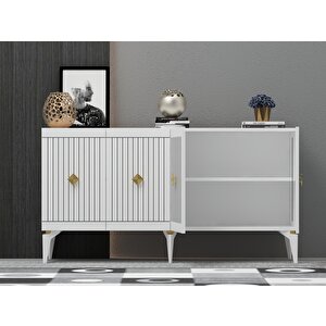 Midas 180 Cm Tv Sehpası (alt Modül) Ve 4 Kapaklı Konsol 2'li Salon Takımı Beyaz-Altın