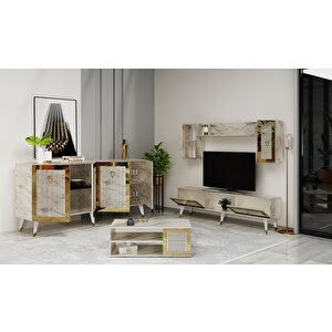 Bora Tv Ünitesi, Orta Sehpa Ve Konsol 3'lü Salon Takımı Efesmermer-Altın